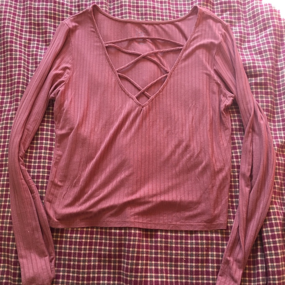 Pink v-neck tie long sleeve shirt